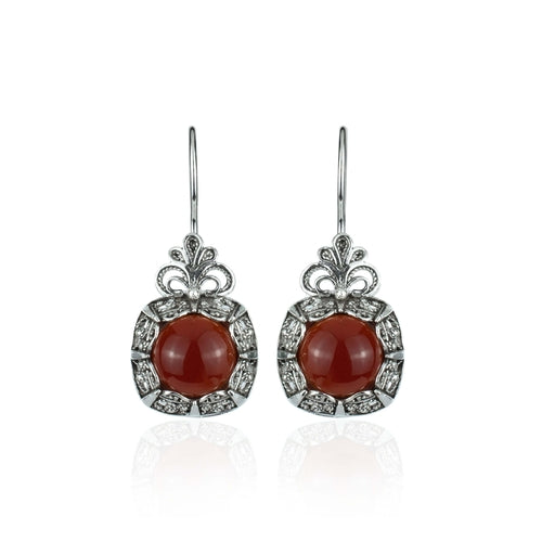 Filigree Art Carnelian Gemstone Women Silver Drop Earrings