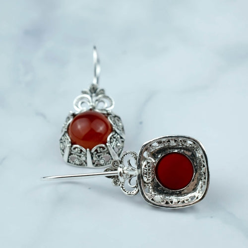 Filigree Art Carnelian Gemstone Women Silver Drop Earrings