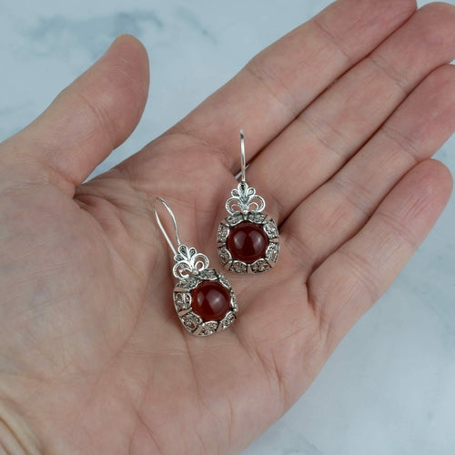 Filigree Art Carnelian Gemstone Women Silver Drop Earrings