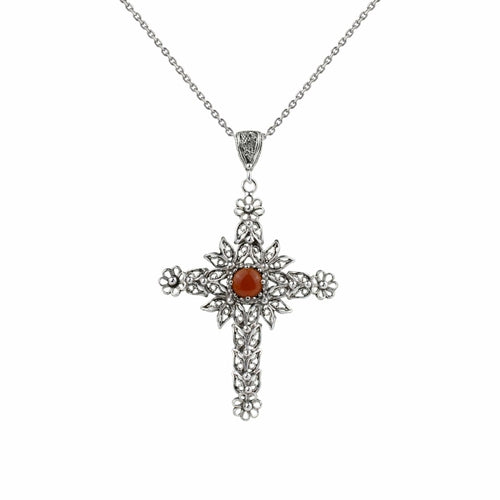 Carnelian Gemstone Women Silver Cross Pendant Necklace
