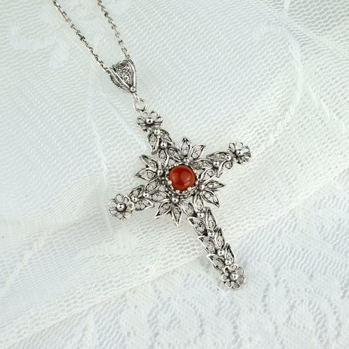 Carnelian Gemstone Women Silver Cross Pendant Necklace