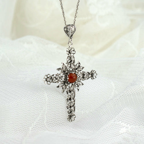 Carnelian Gemstone Women Silver Cross Pendant Necklace