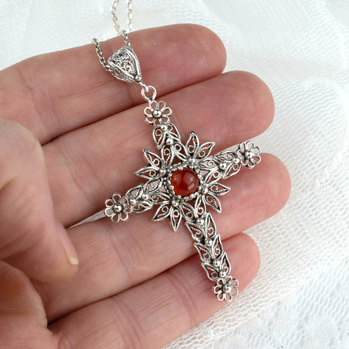 Carnelian Gemstone Women Silver Cross Pendant Necklace