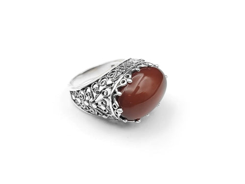 Filigree Art Carnelian Gemstone Women Silver Dome Statement Ring